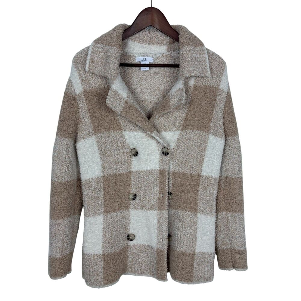 H Halston Teddy Checkered Plush Double Breasted Sweater Jacket Women’s Small